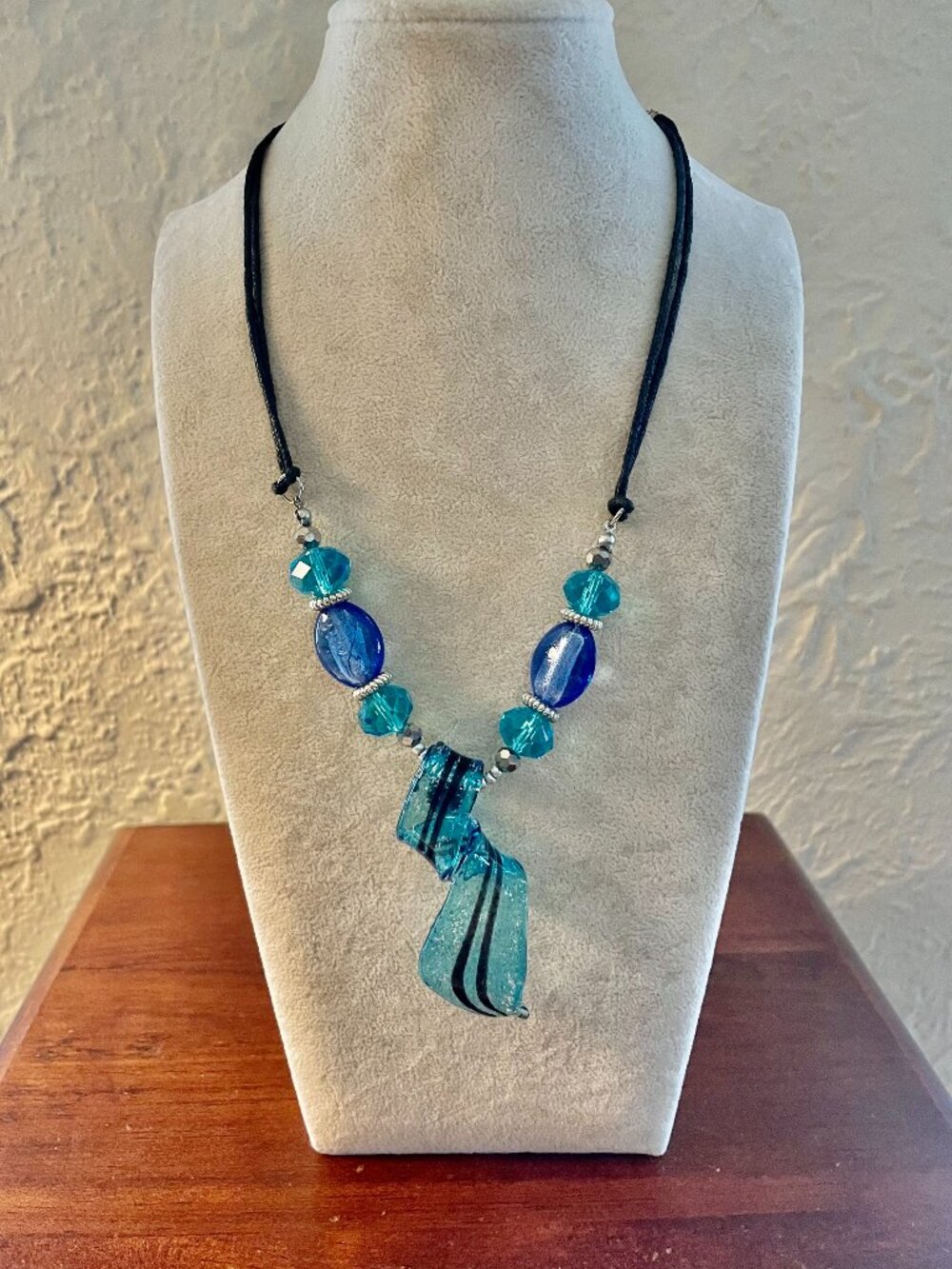 Blue Art Glass Pendant Necklace Aqua Black Cord Statement Jewelry